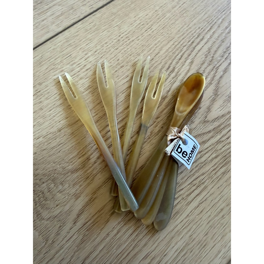 Be Home Water Buffalo Horn Appetizer Set 4 Forks 4 Spoons Natural Amber Handmade